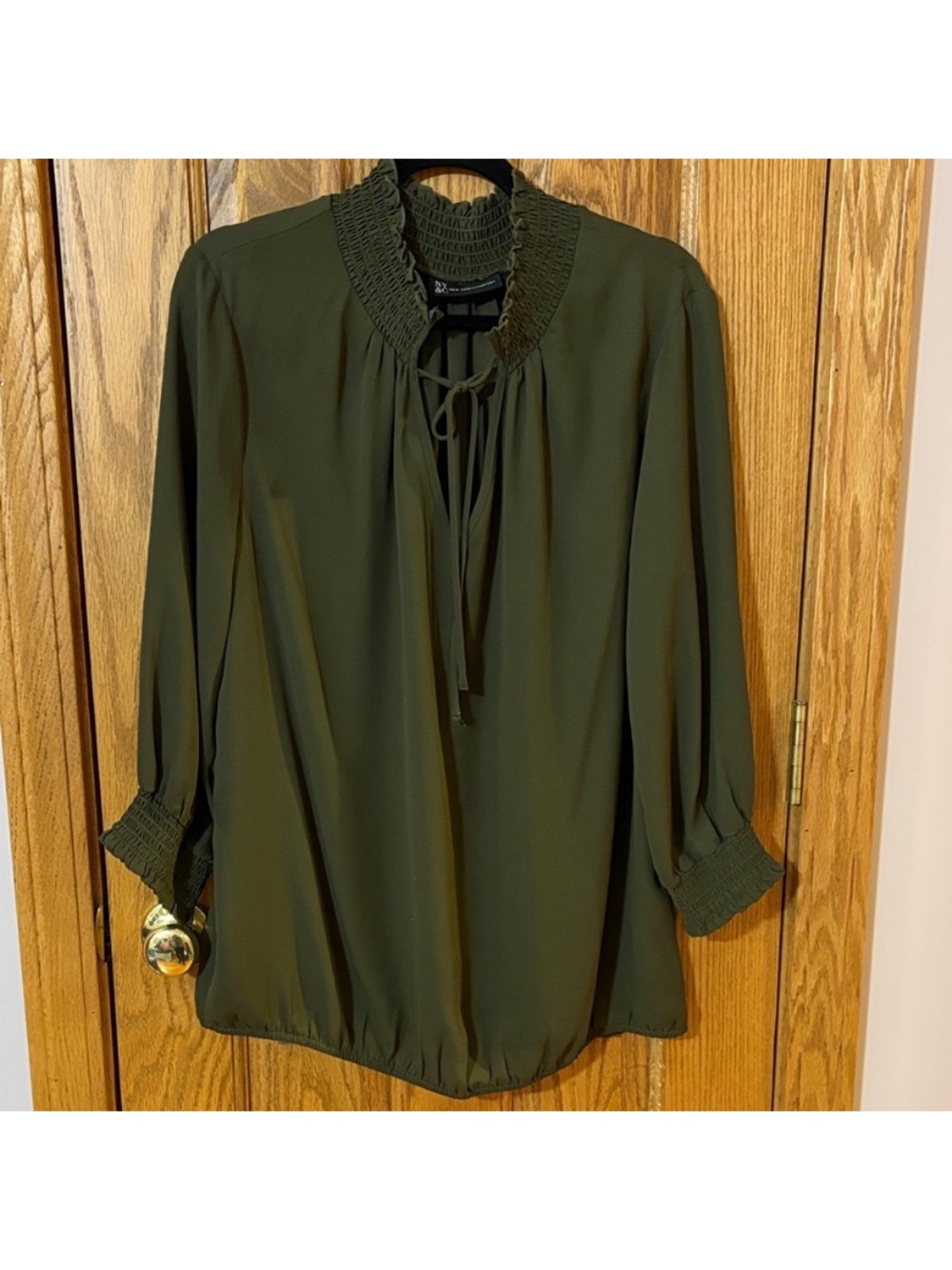 New York & Company Olive Green Smocked Neck Blouse